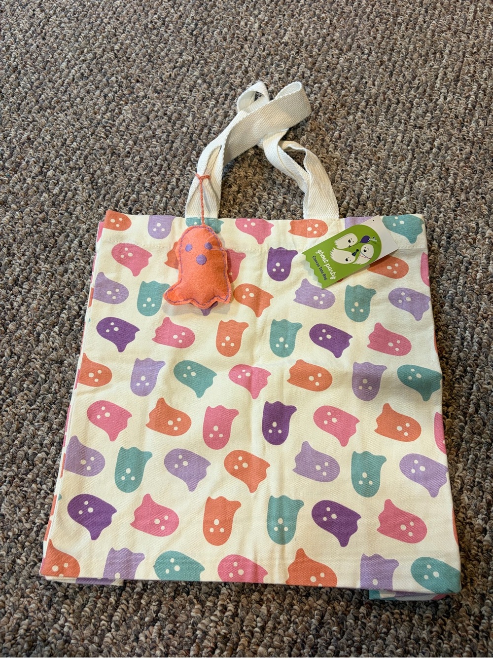 Multicolor Ghost Print Canvas Tote Bag with Charm
